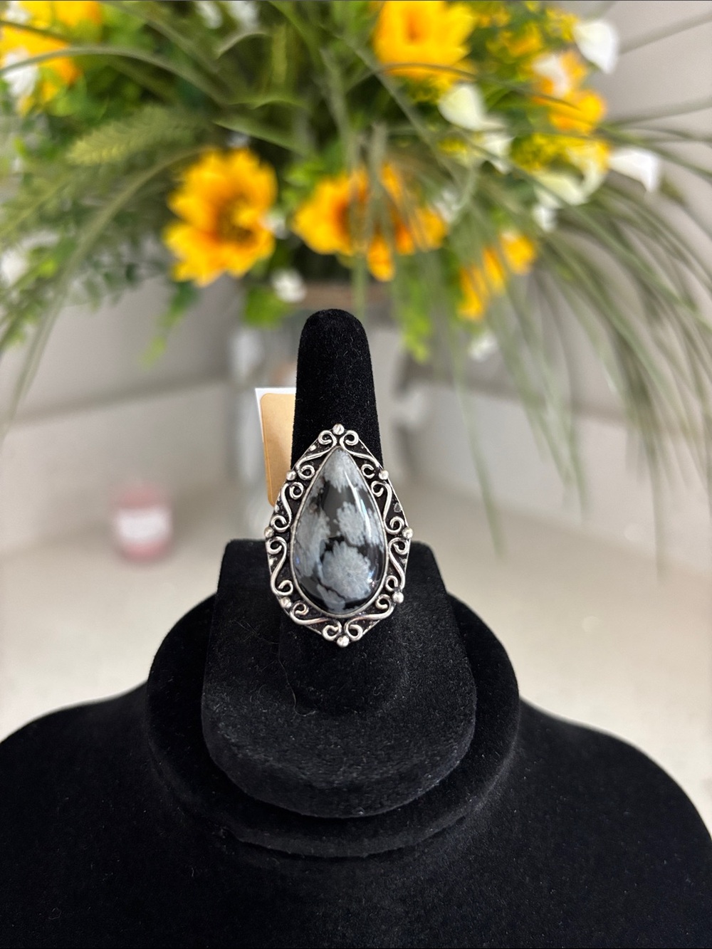 Vintage-Style Black Snowflake Obsidian Teardrop Ring Size 6